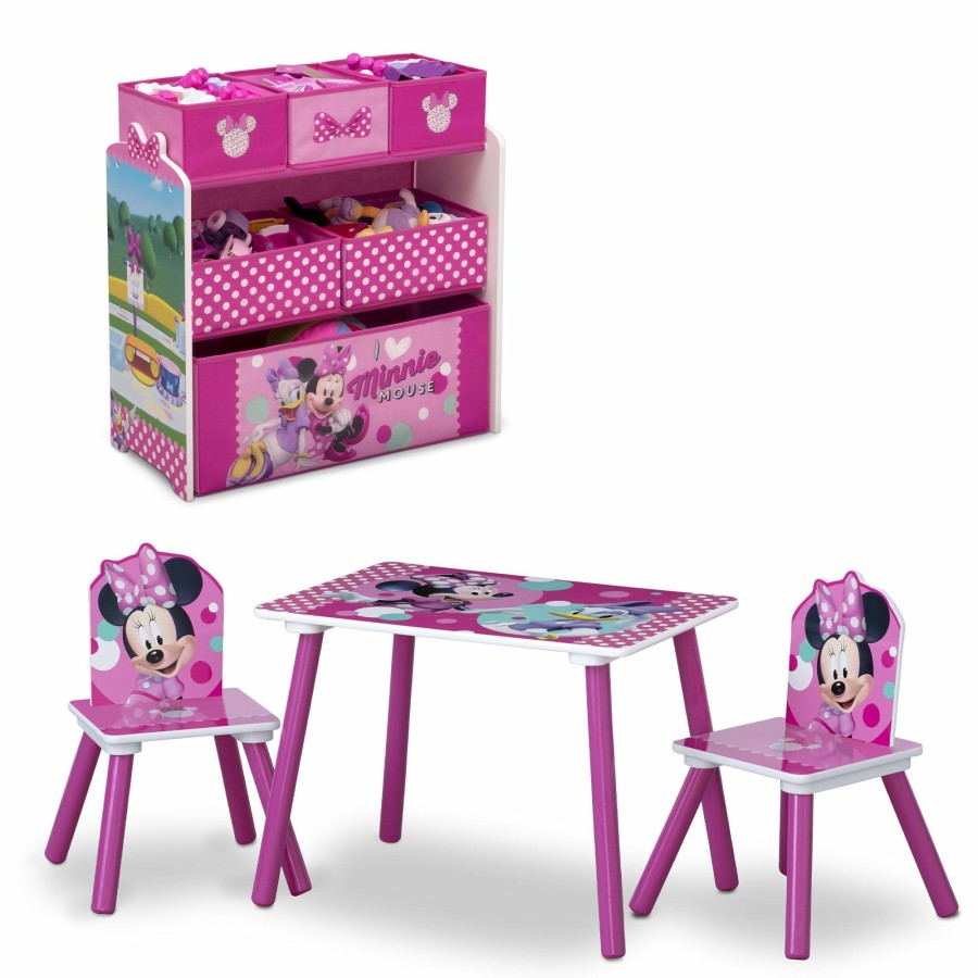 Delta Children Shop By Character | Minnie Mouse 4-Piece Playroom Solution Set Includes Table And 2 Chairs And 6-Bin Toy Organizer
